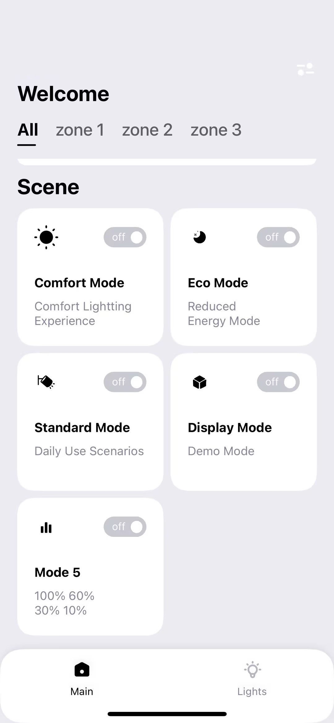 Sense app — Welcome scene picker showing Comfort, Eco, Standard, Display, and Dynamic Mode